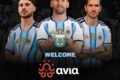 Three Argentina national team players in uniform with text welcoming Avia as new regional sponsor.