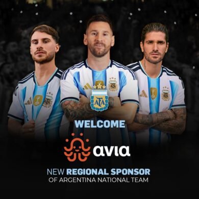 Three Argentina national team players in uniform with text welcoming Avia as new regional sponsor.