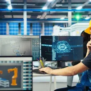 A person in a hard hat and overalls thoughtfully observes computer screens displaying robotic arm designs in a modern industrial setting.