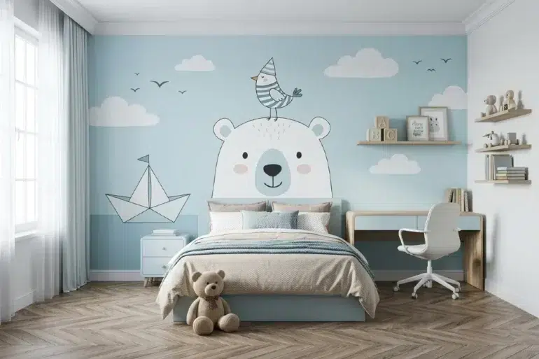 Children's room with a light blue wall featuring a cute bear mural, a bird on its head, and clouds. A cozy bed, desk, and teddy bear add warmth.