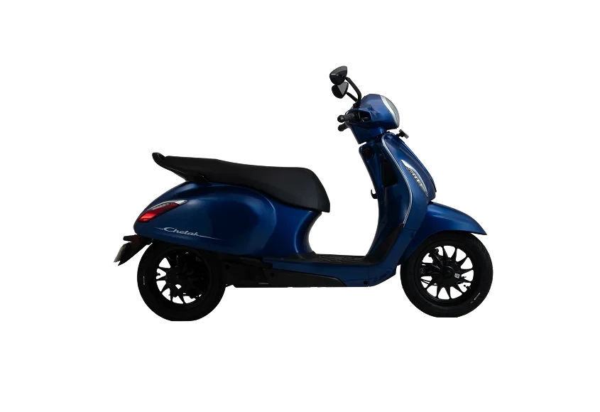 A blue Bajaj Chetak electric scooter with black wheels is displayed against a black background.