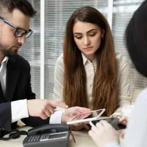 Three professionals in a meeting review documents on a tablet and phone.