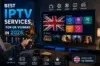Promotional graphic for "Best IPTV Services for UK Viewers in 2026" displaying a TV screen with the Union Jack and content categories.