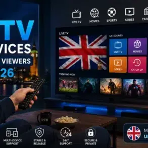 Promotional graphic for "Best IPTV Services for UK Viewers in 2026" displaying a TV screen with the Union Jack and content categories.