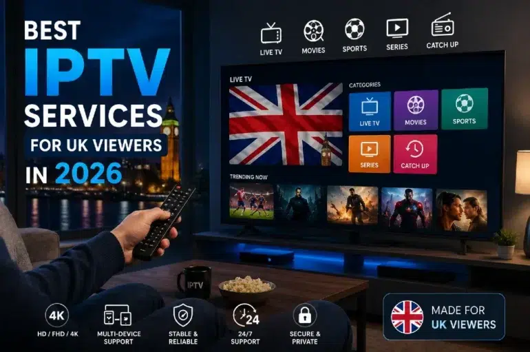 Promotional graphic for "Best IPTV Services for UK Viewers in 2026" displaying a TV screen with the Union Jack and content categories.