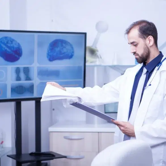 Doctor in lab coat reviews medical chart in front of screen displaying brain scans and DNA helix.