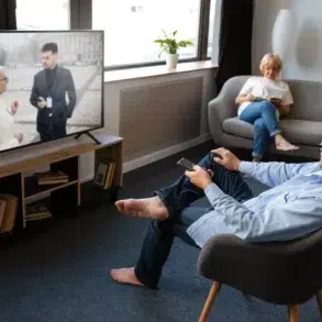 A man in glasses sits in a modern living room watching TV, holding a remote. A woman relaxes on a sofa, reading. The atmosphere is calm and cozy.