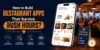 How to Build Restaurant Apps That Survive Rush Hours? Image shows a smartphone with a food delivery app, surrounded by restaurant icons. Orange and navy color scheme.