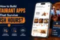 How to Build Restaurant Apps That Survive Rush Hours? Image shows a smartphone with a food delivery app, surrounded by restaurant icons. Orange and navy color scheme.