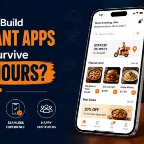 How to Build Restaurant Apps That Survive Rush Hours? Image shows a smartphone with a food delivery app, surrounded by restaurant icons. Orange and navy color scheme.