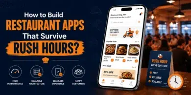 How to Build Restaurant Apps That Survive Rush Hours? Image shows a smartphone with a food delivery app, surrounded by restaurant icons. Orange and navy color scheme.