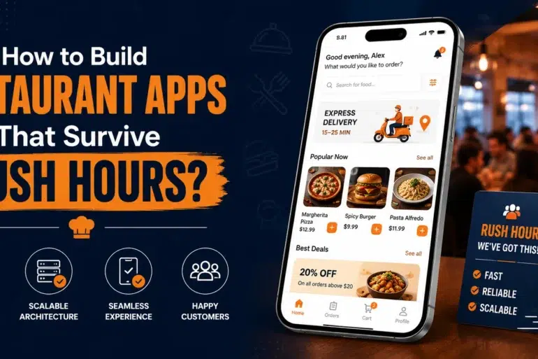 How to Build Restaurant Apps That Survive Rush Hours? Image shows a smartphone with a food delivery app, surrounded by restaurant icons. Orange and navy color scheme.