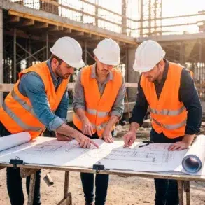 Three construction workers in hard hats and safety vests review blueprints at a construction site.