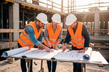 Three construction workers in hard hats and safety vests review blueprints at a construction site.