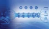 Futuristic digital data pipeline with icons on a blue background. A person typing on a laptop is on the left, representing technology integration and data flow.