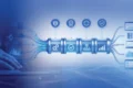 Futuristic digital data pipeline with icons on a blue background. A person typing on a laptop is on the left, representing technology integration and data flow.