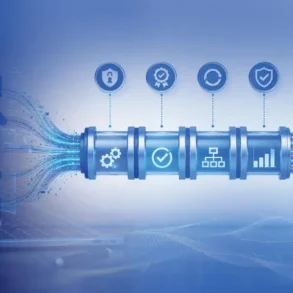 Futuristic digital data pipeline with icons on a blue background. A person typing on a laptop is on the left, representing technology integration and data flow.