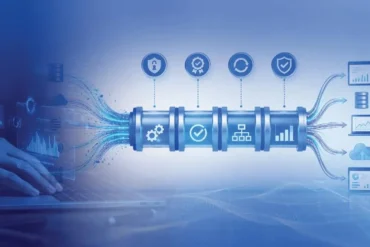Futuristic digital data pipeline with icons on a blue background. A person typing on a laptop is on the left, representing technology integration and data flow.