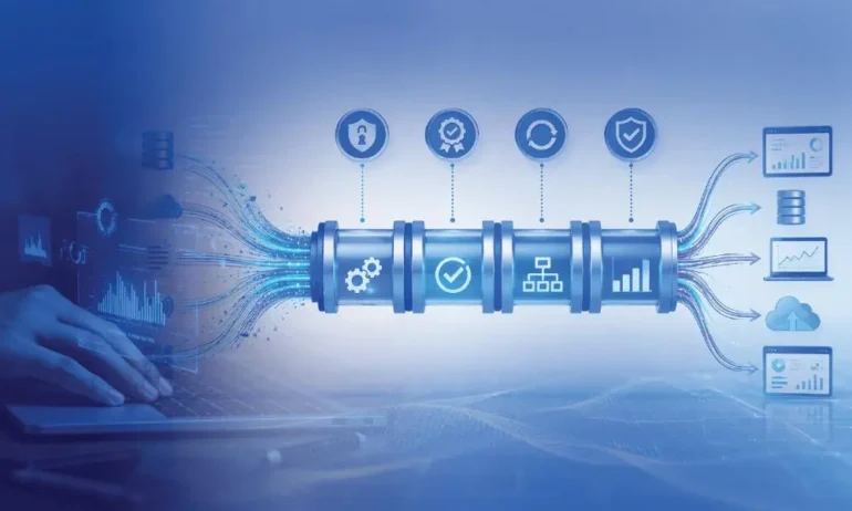 Futuristic digital data pipeline with icons on a blue background. A person typing on a laptop is on the left, representing technology integration and data flow.