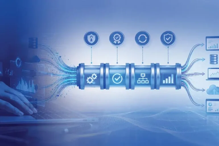 Futuristic digital data pipeline with icons on a blue background. A person typing on a laptop is on the left, representing technology integration and data flow.