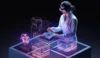 Woman wearing VR headset uses keyboard to interact with holographic architectural designs and a robot arm model.