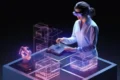 Woman wearing VR headset uses keyboard to interact with holographic architectural designs and a robot arm model.