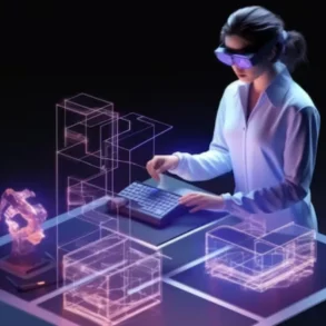 Woman wearing VR headset uses keyboard to interact with holographic architectural designs and a robot arm model.