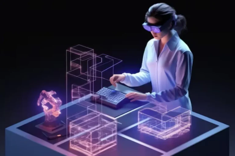 Woman wearing VR headset uses keyboard to interact with holographic architectural designs and a robot arm model.