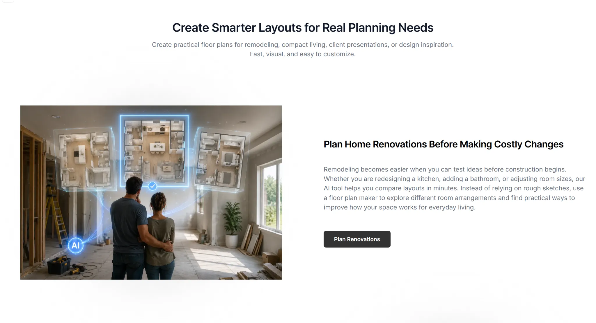 Couple looking at projected floor plans in a room under renovation.