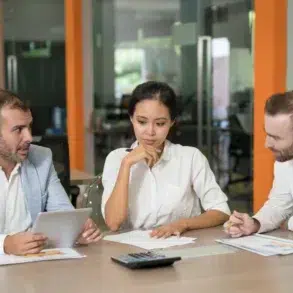 Three colleagues in a meeting room, engaged in discussion. One man holds a tablet, while the woman and another man look thoughtful. The mood is focused.
