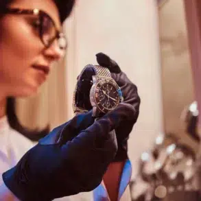 A person wearing black gloves examines a luxury watch under warm lighting. The focus is on the fine details of the watch, suggesting elegance and precision.