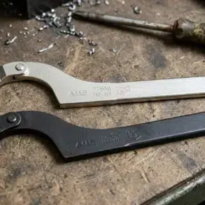 Two adjustable spanner wrenches, one silver and one black, rest on a metal workbench scattered with metal shavings and a worn screwdriver.