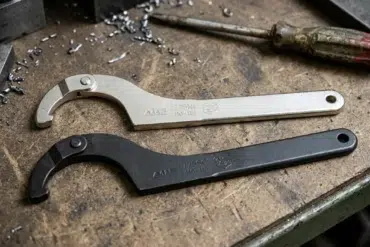 Two adjustable spanner wrenches, one silver and one black, rest on a metal workbench scattered with metal shavings and a worn screwdriver.