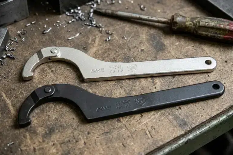 Two adjustable spanner wrenches, one silver and one black, rest on a metal workbench scattered with metal shavings and a worn screwdriver.