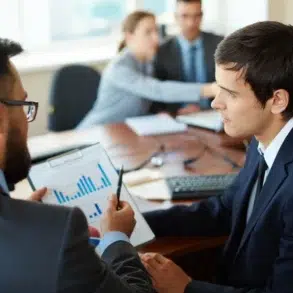 Two businessmen in suits discuss a bar graph on a clipboard in a meeting.