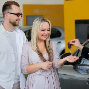 A smiling couple receives car keys from a salesperson in a dealership. The atmosphere is joyful and celebratory, highlighting a successful purchase.