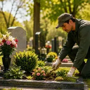A gardener in green overalls kneels beside a grave, tending to pink and white flowers. Sunlight filters through trees, creating a serene cemetery scene.