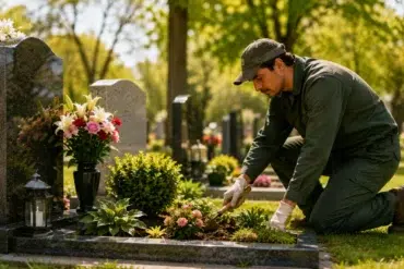 A gardener in green overalls kneels beside a grave, tending to pink and white flowers. Sunlight filters through trees, creating a serene cemetery scene.