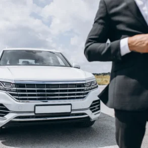 White luxury SUV parked outdoors with a man in a black suit buttoning his jacket in the foreground.