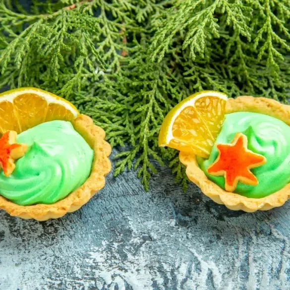 Two tarts with green cream, orange slices, and star-shaped cookies sit on a textured blue surface in front of green evergreen branches.