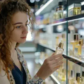 Woman with curly hair holding a perfume bottle while browsing a display shelf filled with various perfume bottles in a store.