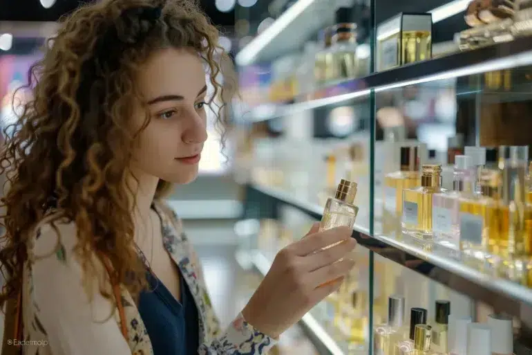 Woman with curly hair holding a perfume bottle while browsing a display shelf filled with various perfume bottles in a store.