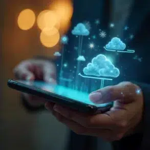 A person holds a smartphone with glowing blue 3D cloud icons hovering above it, symbolizing cloud technology. The background is softly blurred, creating a futuristic and innovative feel.