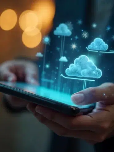 A person holds a smartphone with glowing blue 3D cloud icons hovering above it, symbolizing cloud technology. The background is softly blurred, creating a futuristic and innovative feel.