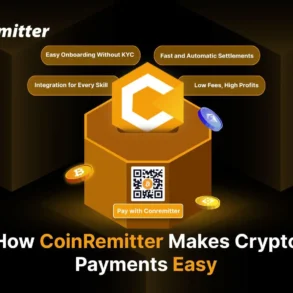 Graphic illustrating CoinRemitter's crypto payment services with features like easy onboarding, fast settlements, and low fees.