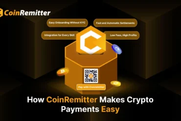 Graphic illustrating CoinRemitter's crypto payment services with features like easy onboarding, fast settlements, and low fees.