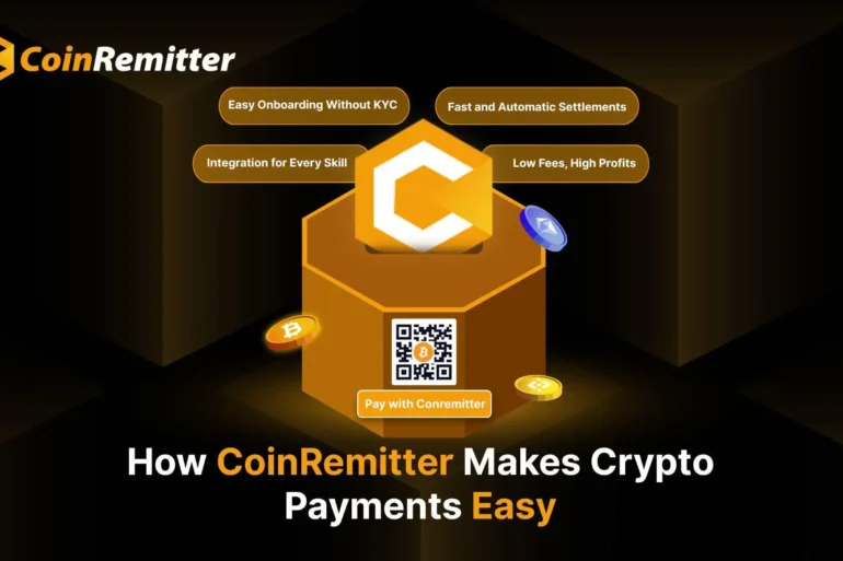 Graphic illustrating CoinRemitter's crypto payment services with features like easy onboarding, fast settlements, and low fees.