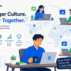 Remote fintech team working together globally with focus on culture, growth mindset, trust, and a people-first approach.