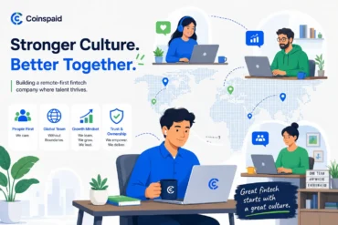 Remote fintech team working together globally with focus on culture, growth mindset, trust, and a people-first approach.