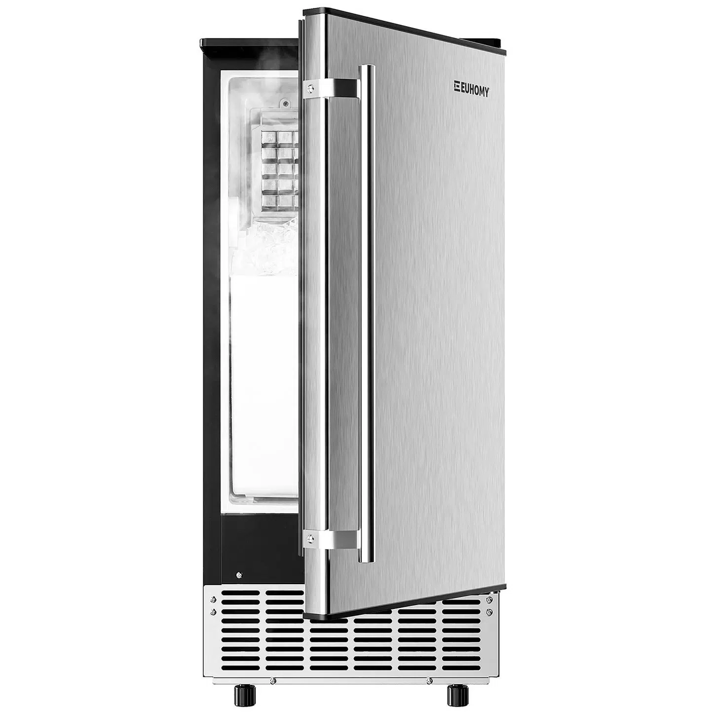 Stainless steel EUHOMY ice maker with partially open door showing ice cubes and frozen compartment inside.